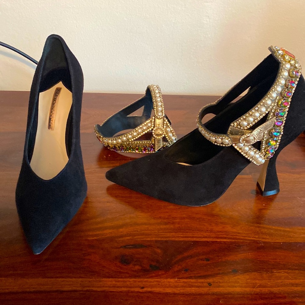 Fabulous black suede pumps. NWOT , never worn. Stunning detachable jeweled cuff.